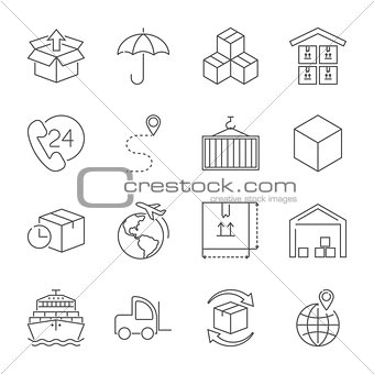 Fast delivery and quality service transportation. Different icons for logistics theme. Vector icons for logistic company. Editable Stroke