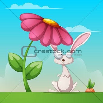 Cartoon landscape. Funny, cute rabbit illustration.