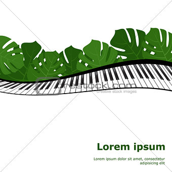 Piano keyboard with monstera leaves frame