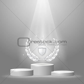 Round sport pedestal - podium for winner with award, laurel wrea