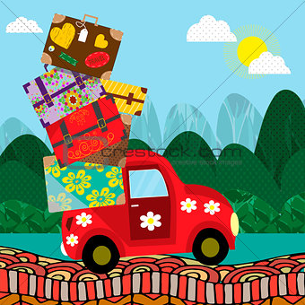 Car with luggage going to the trip . Vector illustration. Eps10 file.