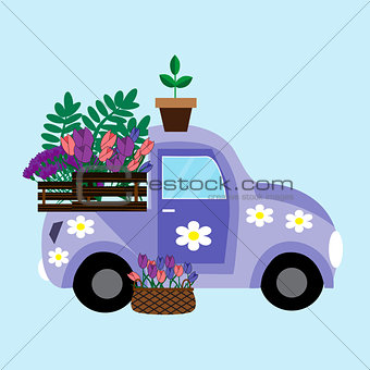 Purple car with flowers. Vector illustration.