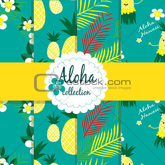 Tropical flowers , palm leaves. pineapple on background. Seamless vector patterns collection.