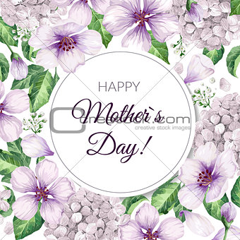 Happy Mother s Day greeting card on floral background. Congratulation card design with flowers and lettering.