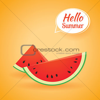Hello summer card banner with watermelon paper art background.
