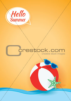 Hello summer card banner with beach ball paper art background. 