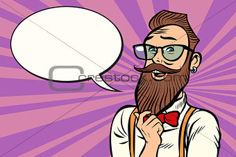 Stylish bearded hipster with glasses thinks