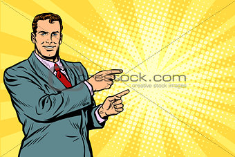 Businessman pointing finger at the side