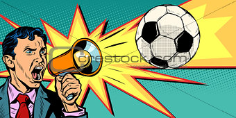 businessman with megaphone the fan of a football match