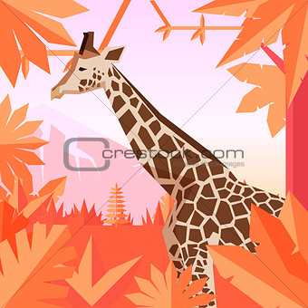 Flat geometric jungle background with Giraffe