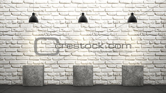 White brick wall with chandeliers