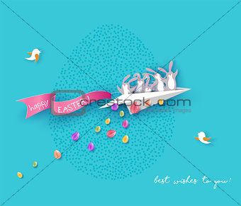 Happy Easter card with bunny, flowers and eggs