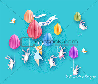 Happy Easter card with bunny, girl and egg