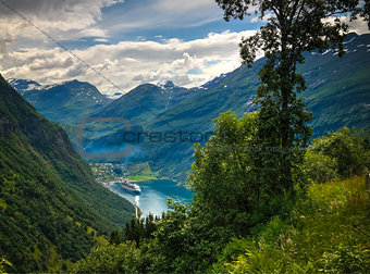 Aerial panorama view to Geiranger fjord from Trollstigen, Norway