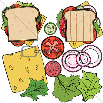 Set of ingredients for burger and sandwich . Sliced veggies, bun, cutlet. Vector illustration cartoon flat icon collection isolated on white.