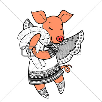 Lovely pig with wings in beautiful clothes with a plush rabbit in the paws.
