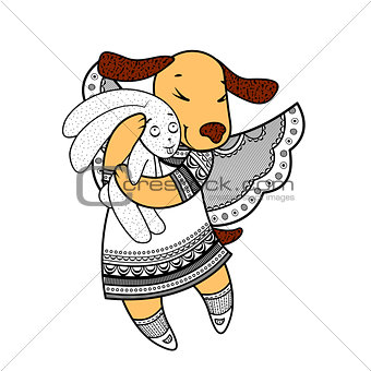 Lovely dog with wings in beautiful clothes with a plush rabbit in the paws.