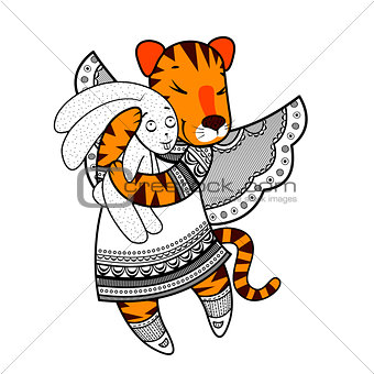 Lovely tiger with wings in beautiful clothes with a plush rabbit in the paws.