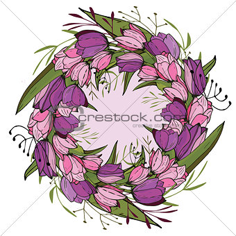 Round frame with tulips and herbs on white. Floral pattern for your wedding design, floral greeting cards, posters.