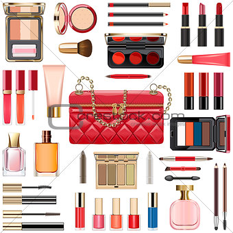 Vector Makeup Cosmetics with Red Handbag
