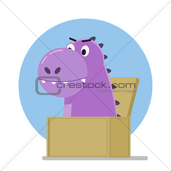 Funny purple dinosaur jumped out of the box. Vector illustration.
