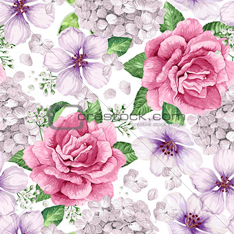 Apple tree, roses, hydrangea flowers petals and leaves in watercolor style on white background. Seamless pattern for textile, wrapping paper, package,