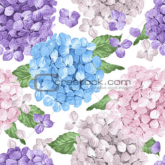 Hydrangea flowers, petals and leaves in watercolor style on white background. Seamless pattern for textile, wrapping paper, package,