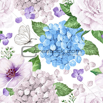 Apple tree flowers, hydrangea flowers,petals and leaves in watercolor style on white background. Seamless pattern for textile, wrapping paper, package,