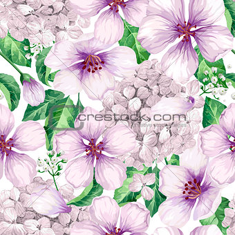 Apple tree flowers, hydrangea flowers,petals and leaves in watercolor style on white background. Seamless pattern for textile, wrapping paper, package,