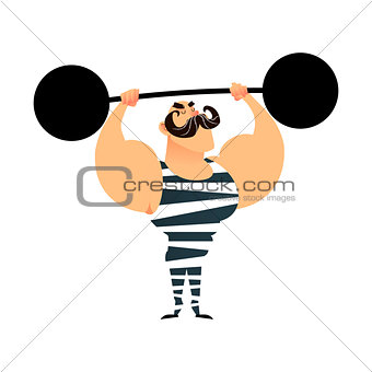Funny cartoon circus strong man. A strong muscular athlete lifts the barbell. Retro sportsman with a mustache. Flat vector guy character with heavy metal barbell. Bodybuilder