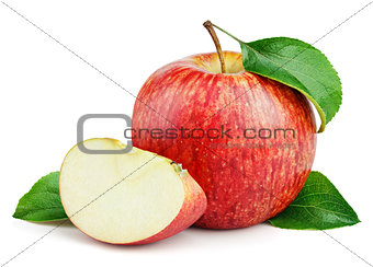 Ripe red apple with slice and leaves isolated on white