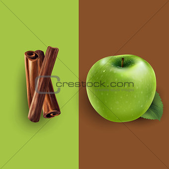 Cinnamon and green apple. Vector illustration