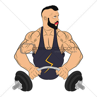 muscle man with barbell. body building concept vector drawing illustration