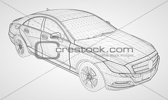 The model sports a premium sedan. Vector illustration in the form of a black polygonal triangular grid on a gray background.