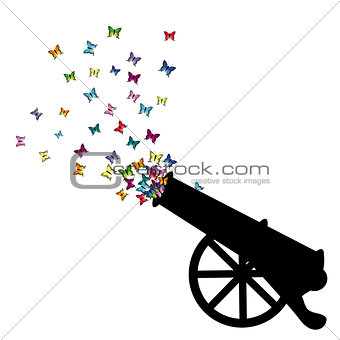 Abstract illustration with cannon silhouette and colored butterf