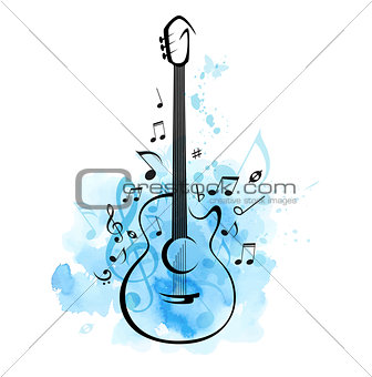 Guitar and notes on a blue watercolor background