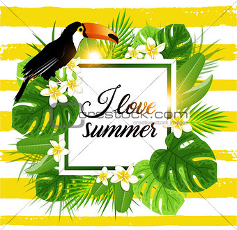 Tropical background with palm and toucan