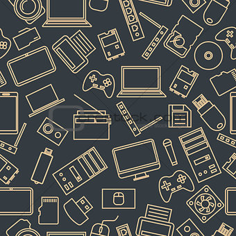 Seamless pattern from a set of computer and gadget icons, vector illustration.
