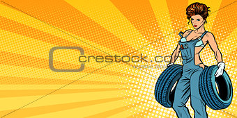 Sexy woman with tires, car service background