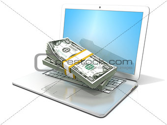 Laptop with stacks of hundreds dollars. 3D