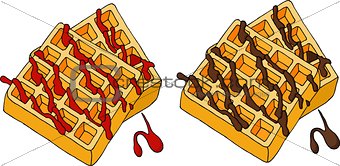 Waffles topped with berry syrup and chocolate. Vector illustration.