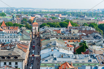The city of Krakow from a height and view of the Florian Gates i