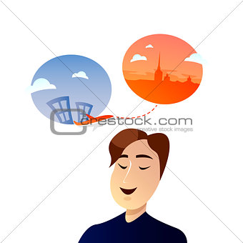 Office worker man character dreaming about vacation and travel. Vector flat cartoon illustration
