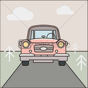 Car, road illustration. Cartoon forest landscape Vector eps 10