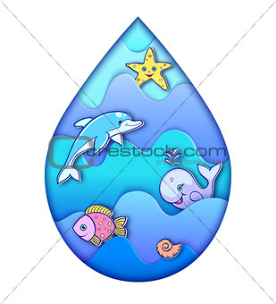 water drop with ocean animals