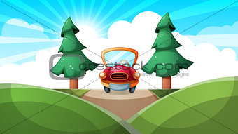 Cartoon ladscape. Car, road illustration.