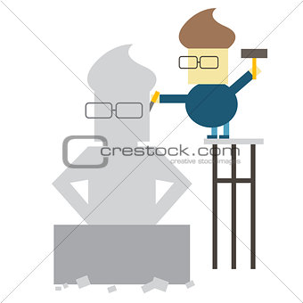 Make yourself. Vector flat illustration. man makes his statue from a large stone