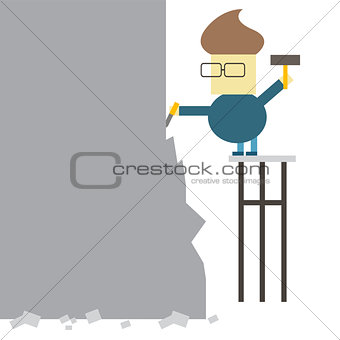 Vector flat illustration. man makes statue from a large stone