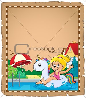 Parchment with girl floating on unicorn