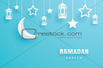 Ramadan Kareem greeting card paper art background. Eid Mubarak m